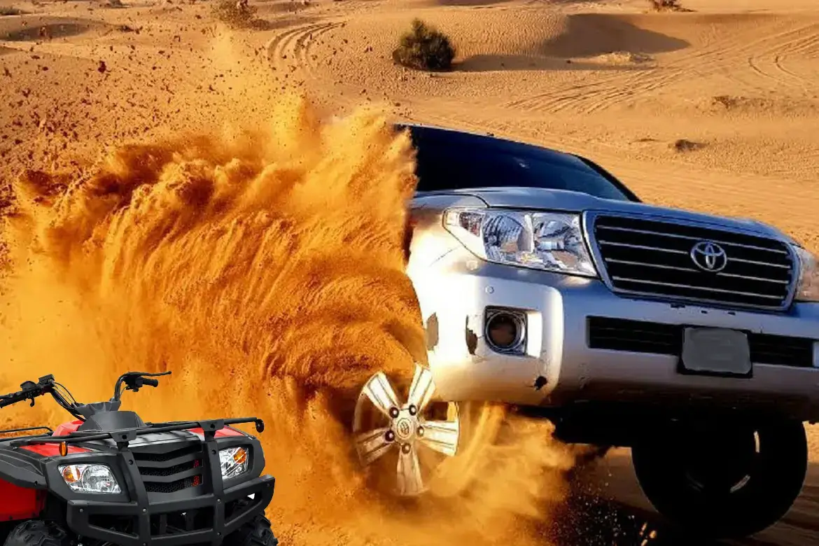 An original promotional montage of a dune-driving SUV and a quad bike